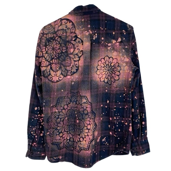 Handmade Flannel Shirt Womens Small Boho Stencil Bleached Upcycled Floral Plaid - Picture 3 of 7
